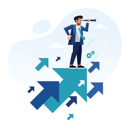 businessman with telescope standing growth arrow
